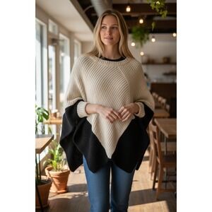 Minnie Rose‎ Knit Sweater Poncho Beige/Black Coastal Grandma Cozy Boho Chic OS